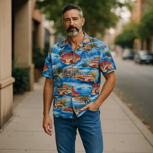 Men Hawaiian Shirt XL, Blue Made Hawaii